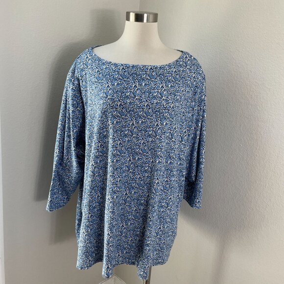 Croft & Barrow Womens Plus 4X Floral Blue Tunic Top Cotton 3/4 Sleeve Shirt - Picture 1 of 9
